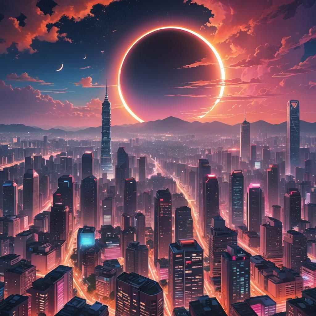 Dreamy Solar Eclipse Over Futuristic Taipei