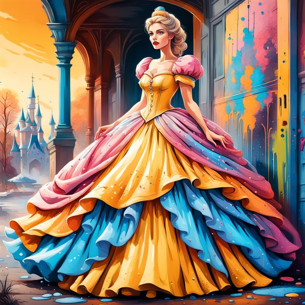 a fantastic gorgeous Cinderella in dress made of beautiful gorgeous different colors, graffiti art, splash art, street a...