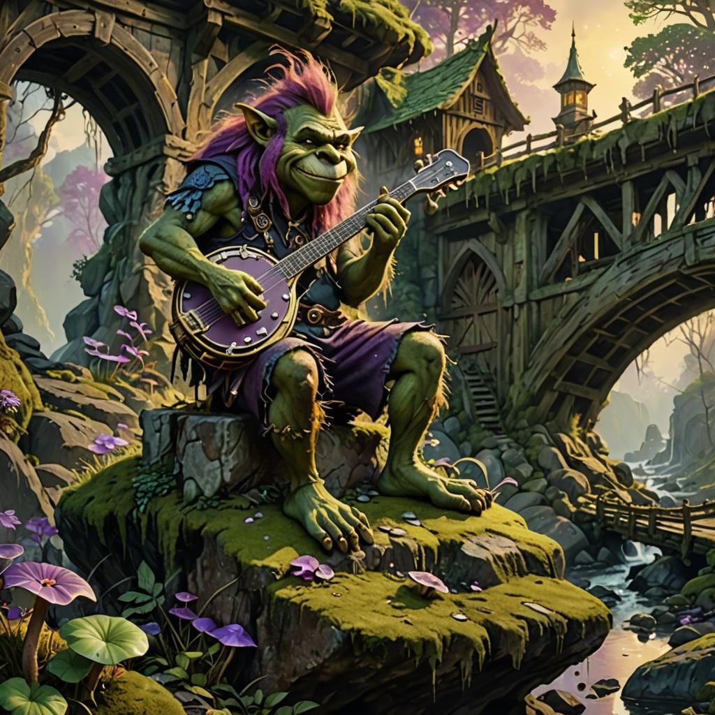 Troll Plays Banjo Under Misty Bridge