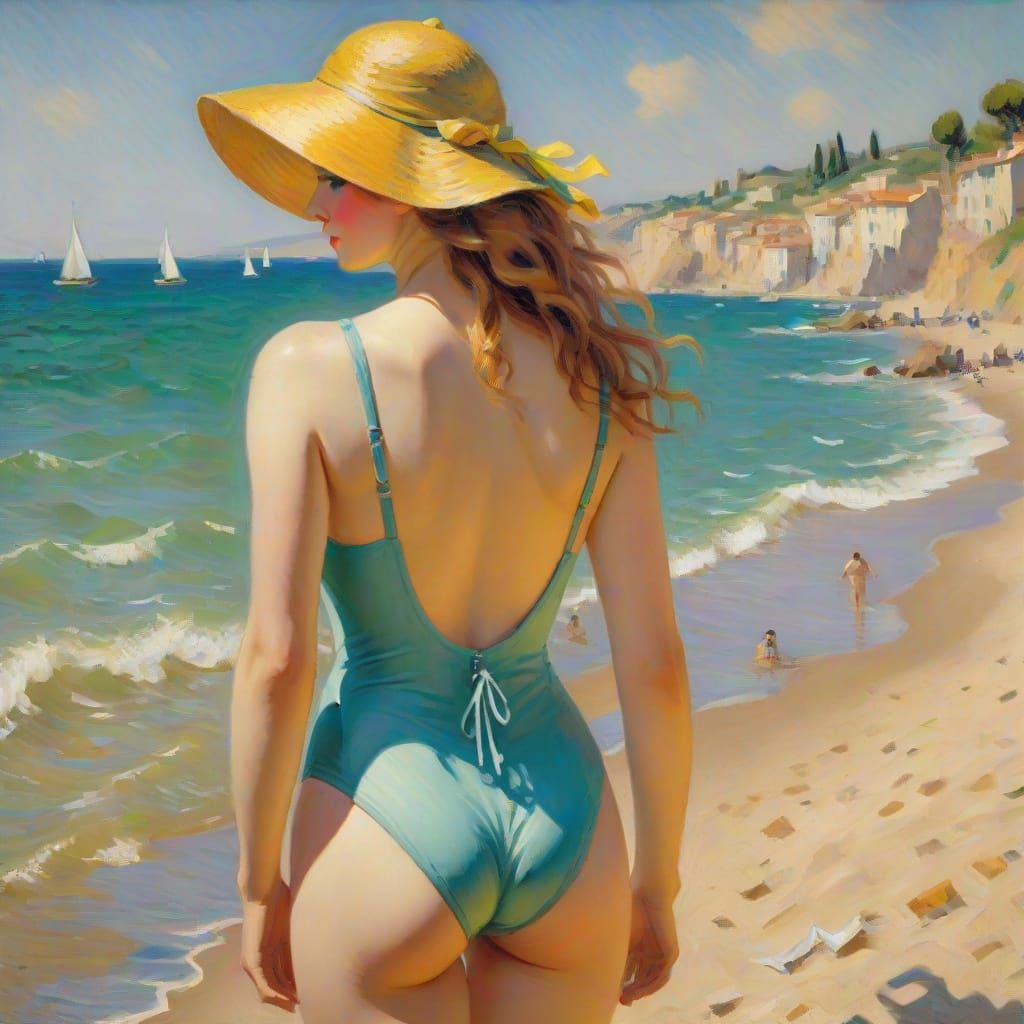Woman on Beach at Cap d'Agde in Impressionist Style