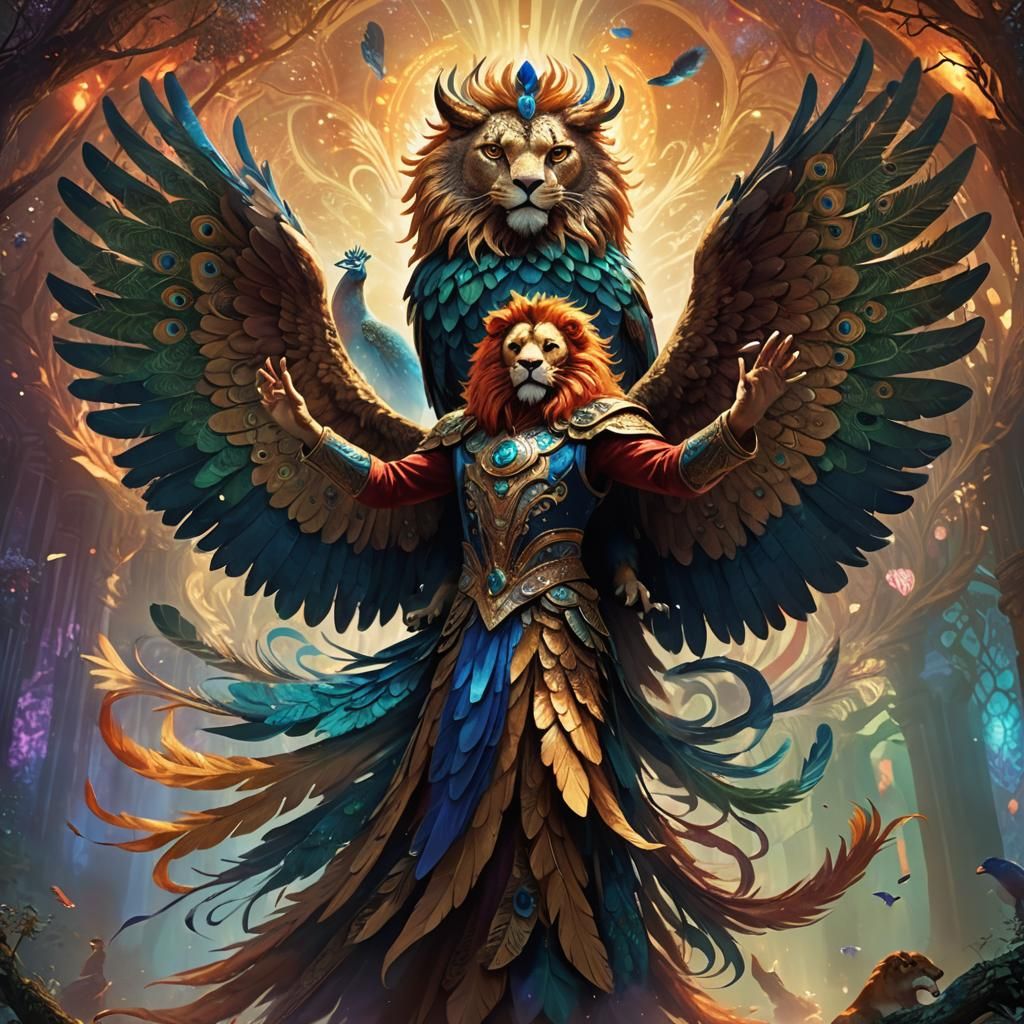 Fantasy Scene with Dancing Peacock and Lion