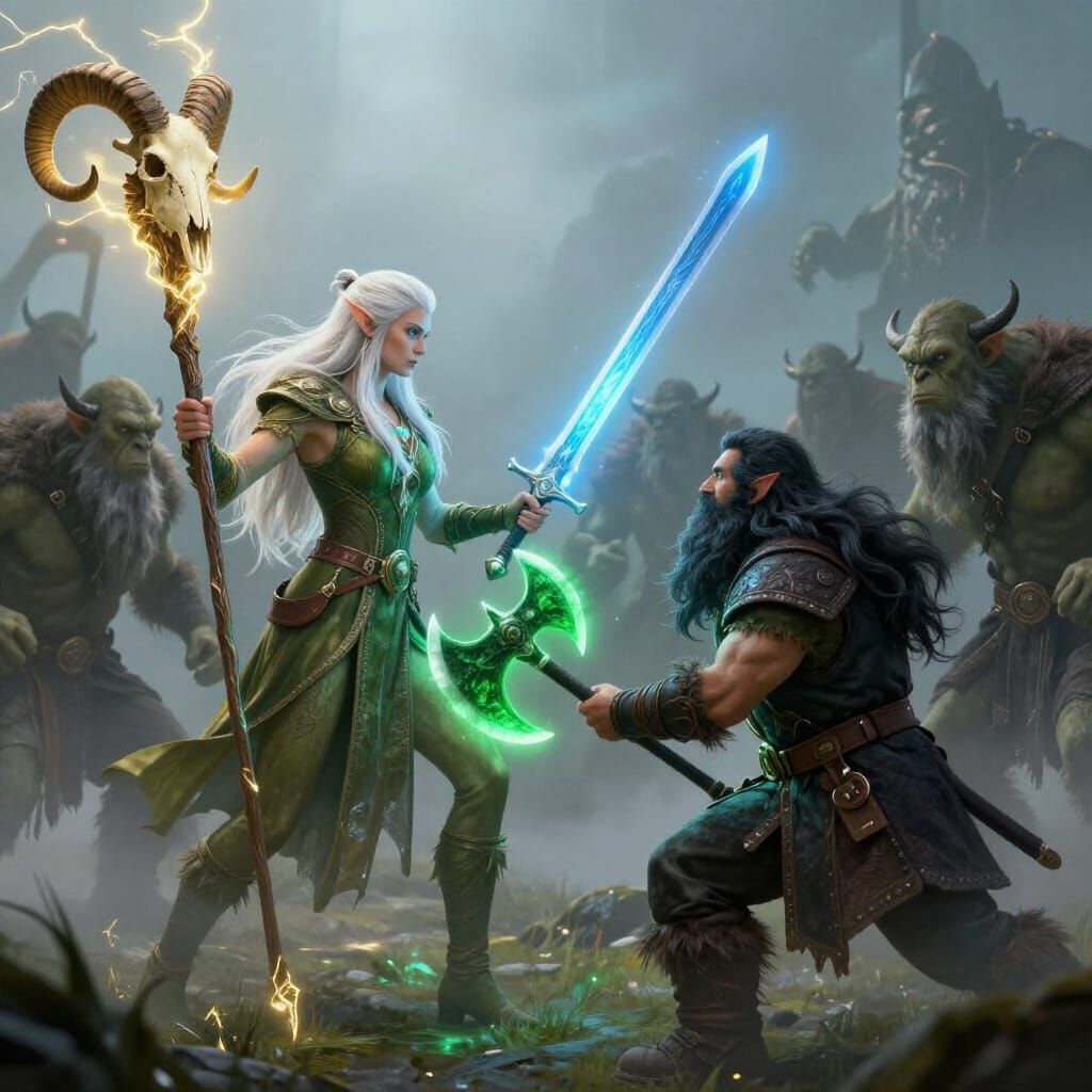 Elf and Dwarf Battle Orc Horde with Druid