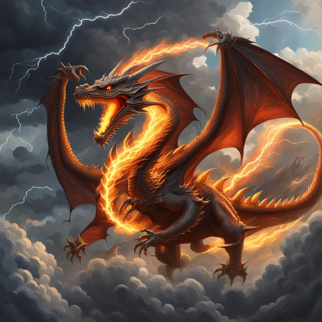 A detailed digital painting of a majestic fire-breathing dragon soaring through a stormy sky, surrounded by swirling clo...