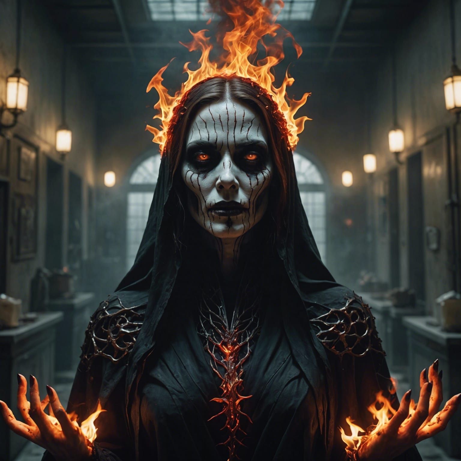 Fierce Ghost Sprinkles Flames in Morgue: Digital Painting