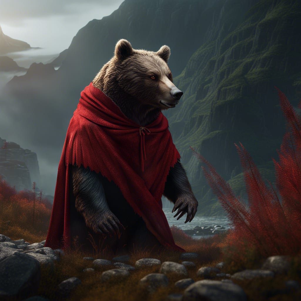 Bear in Red Cloak, Scotland: Detailed Matte Painting