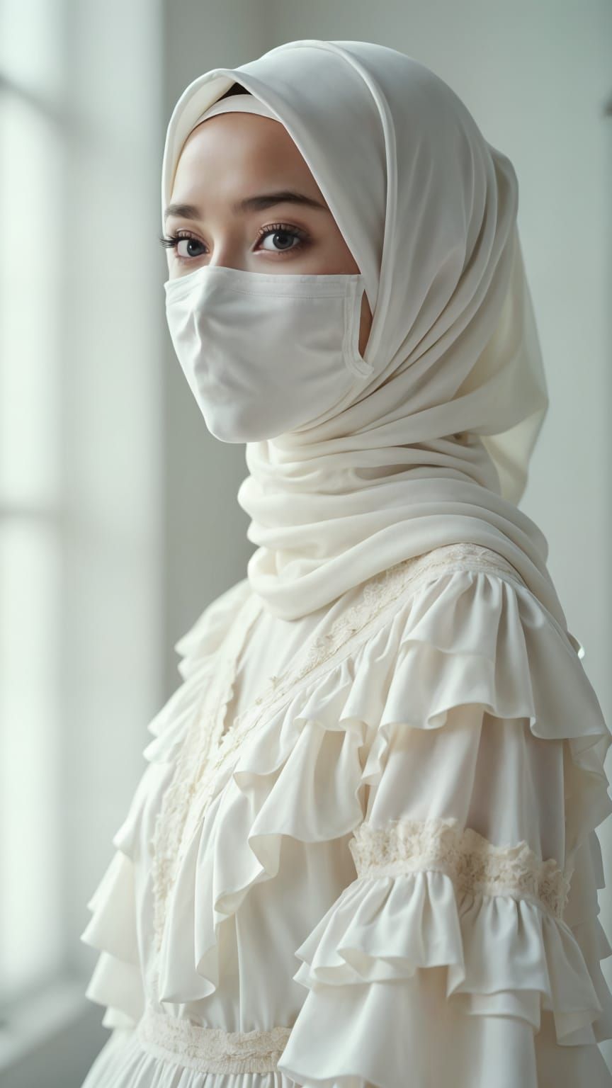 Elegant Woman in Modest White Attire with Ethereal Light