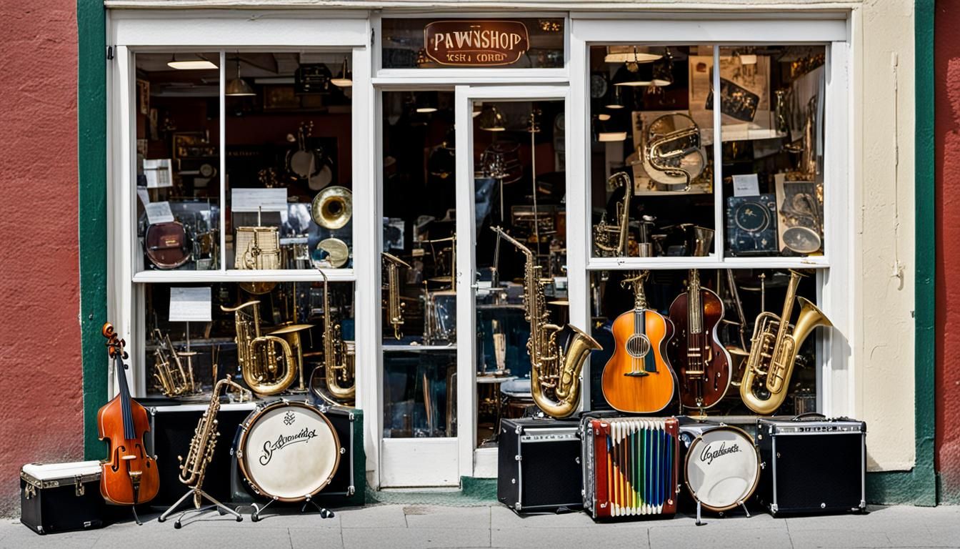 Pawnshop Window Displaying Musical Instruments