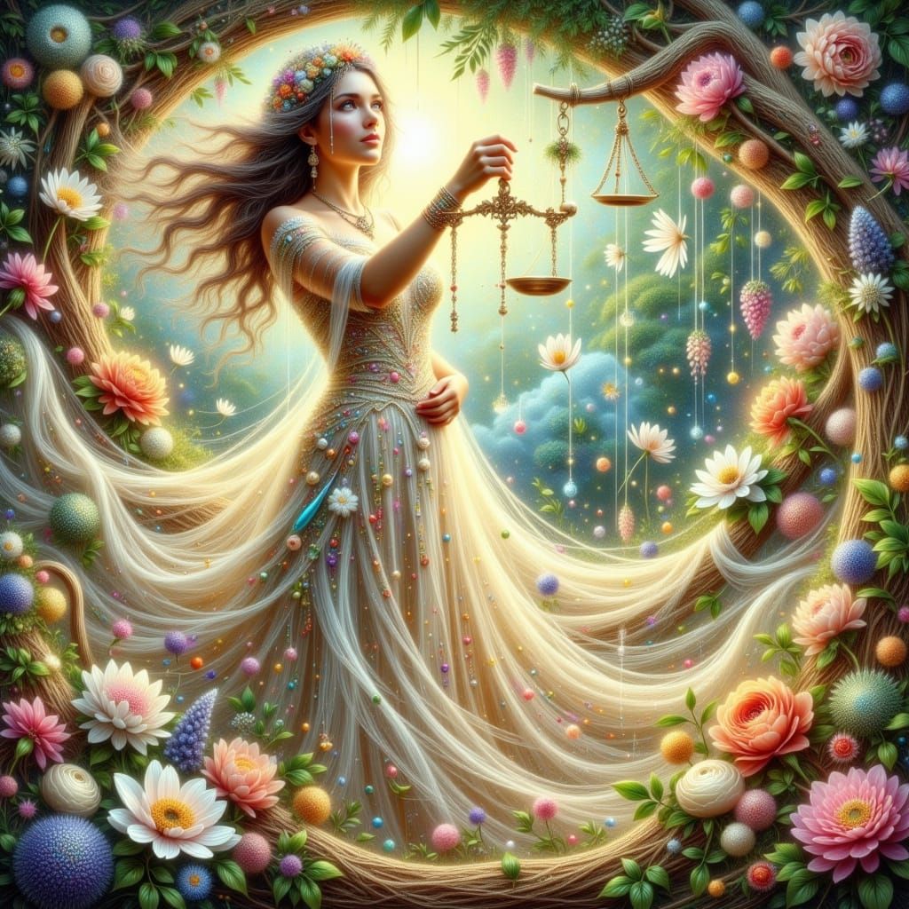 Ethereal Libra Goddess in Whimsical Garden of Pastel Blooms