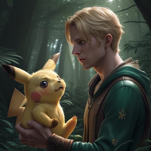 Boy Comforts Crying Pikachu in Vibrant Mystical Forest