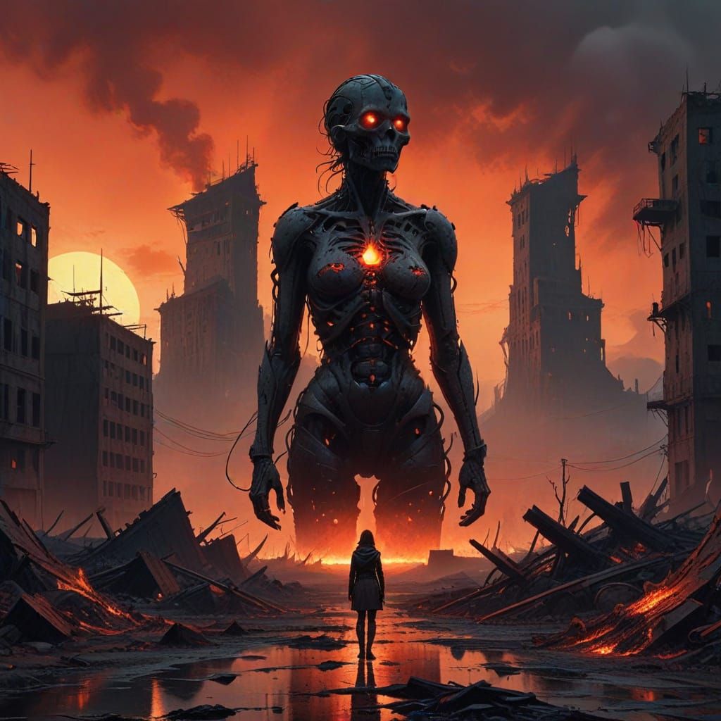 A lone woman stands against a crimson wasteland