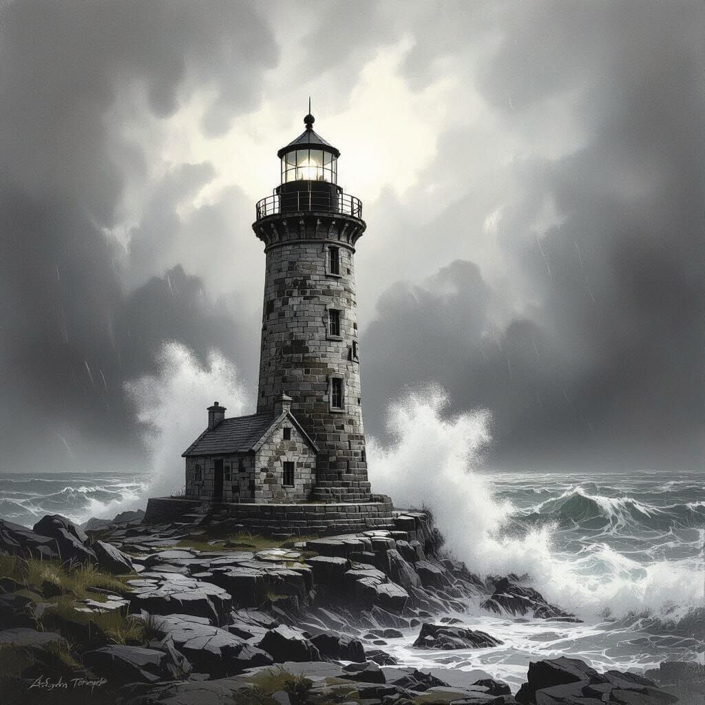 Lighthouse Against Storm in Hyperdetailed Charcoal Style