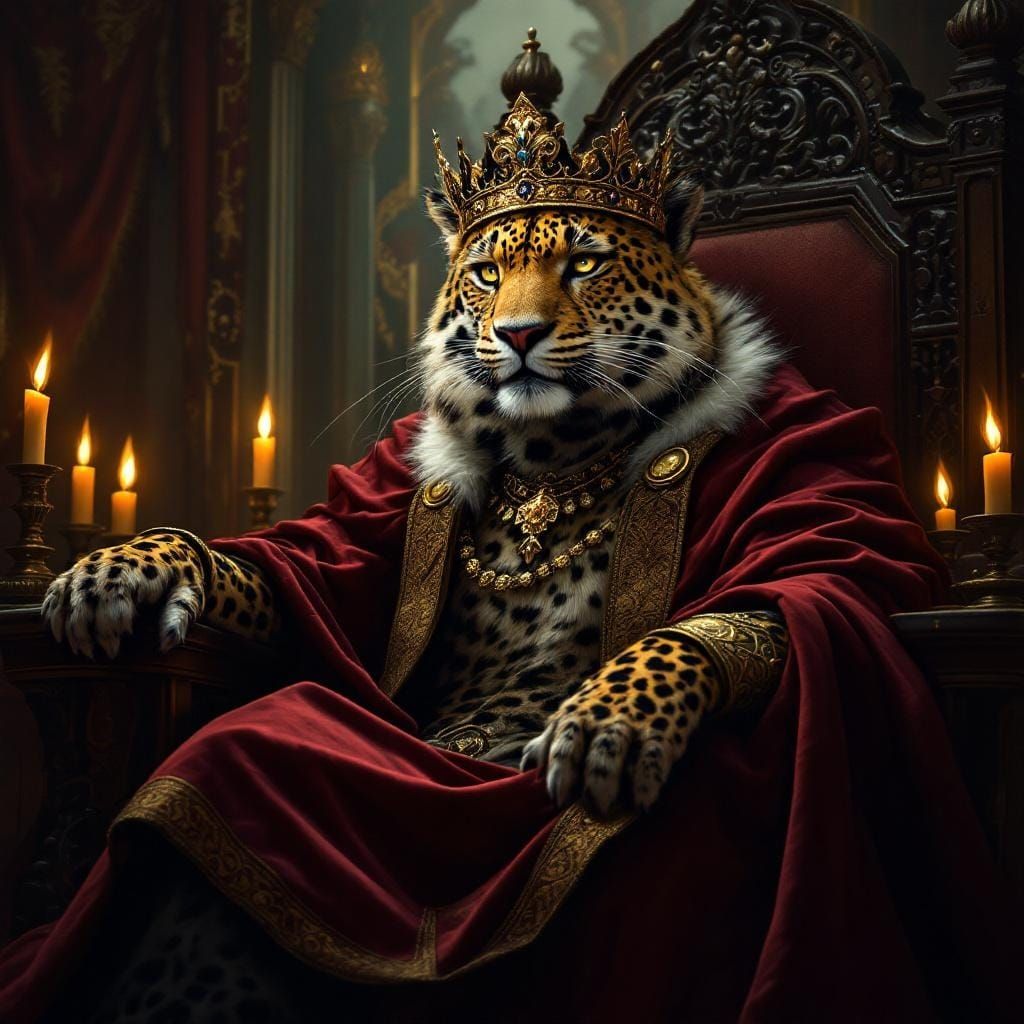 Leopard King on Throne in Opulent Hall