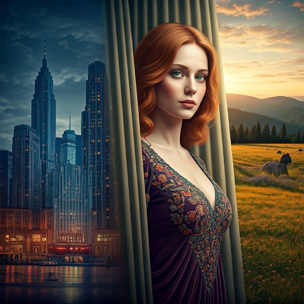 Woman Between Worlds in Surrealist Style