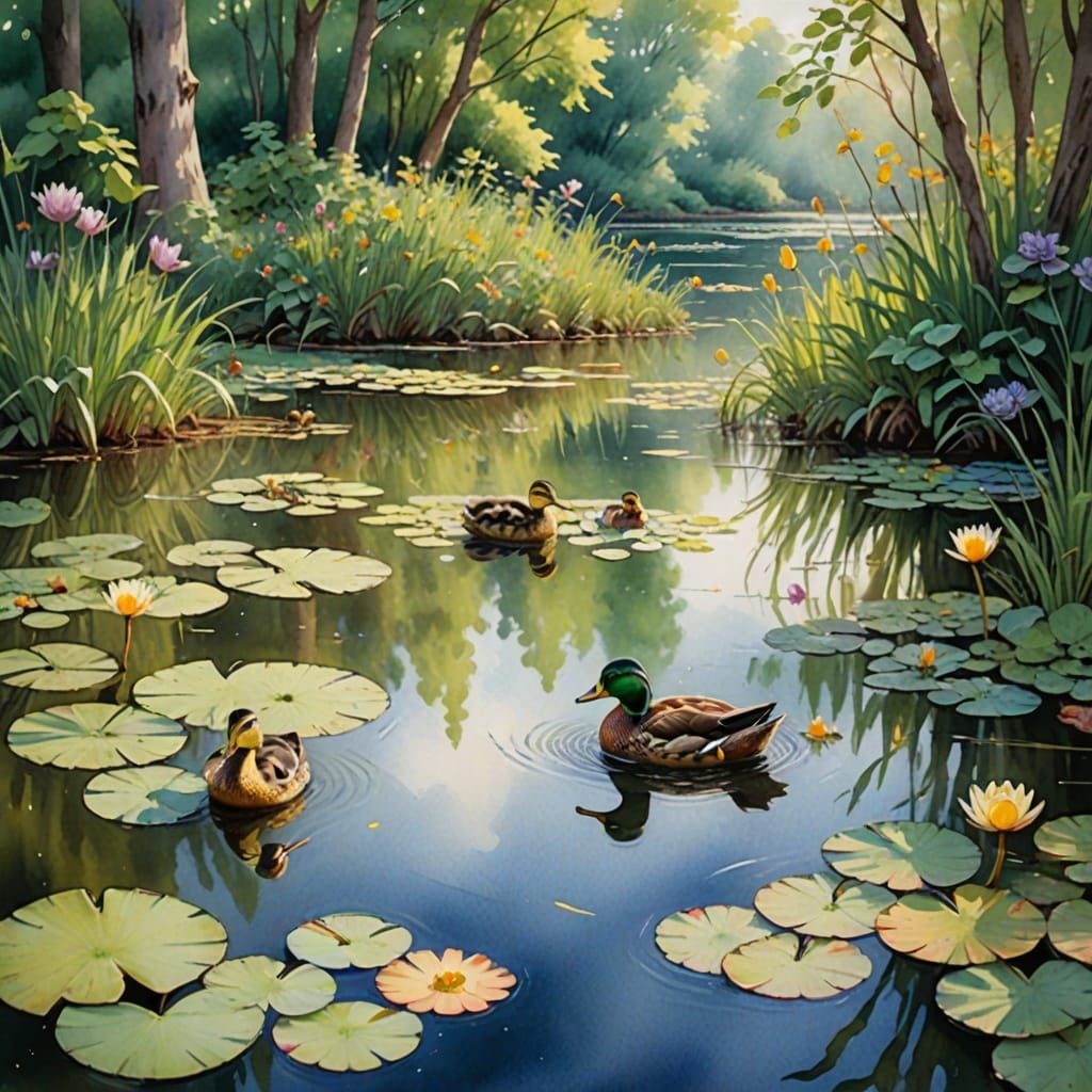 Mother Duck and Ducklings in Impressionist Watercolor