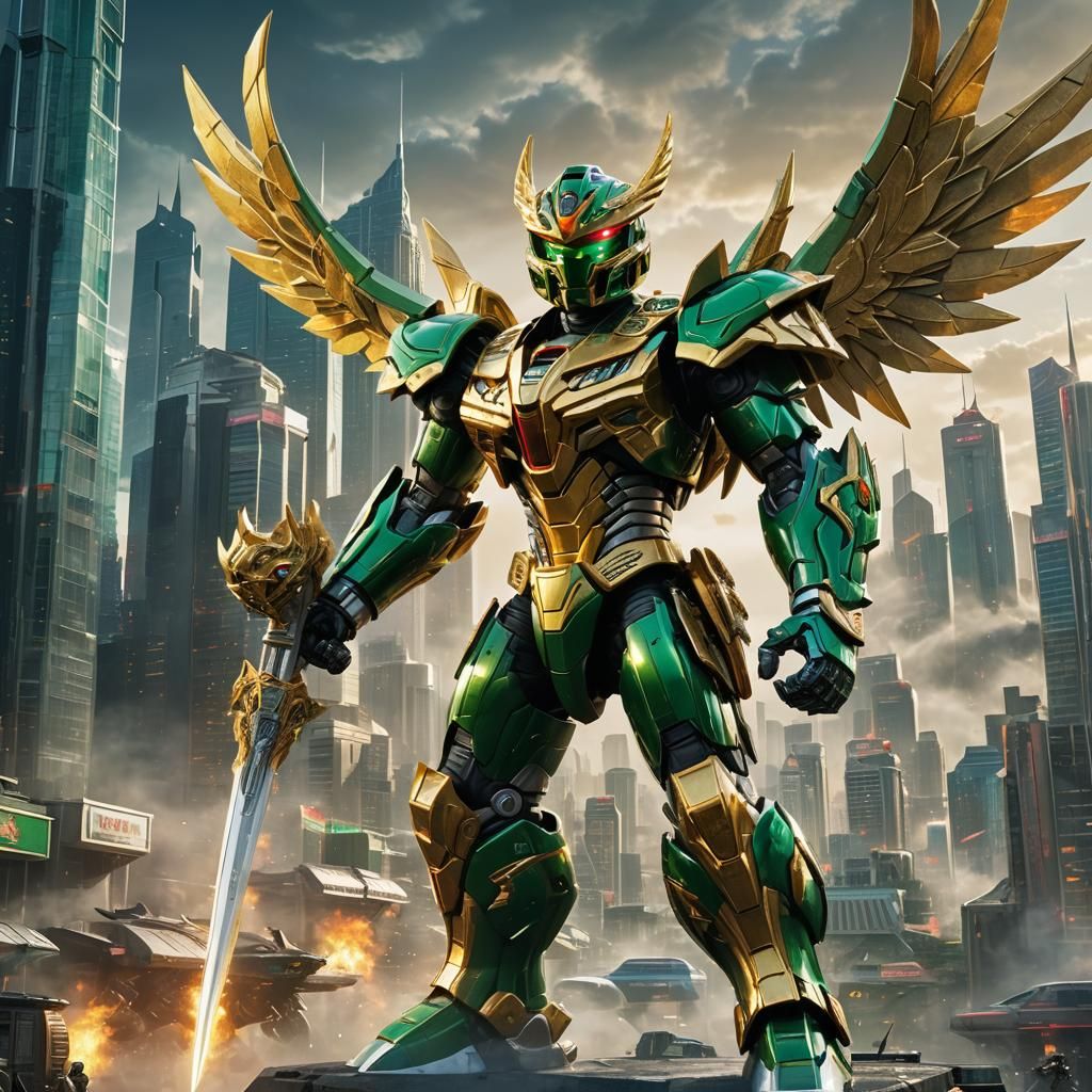 Green Megazord with Golden Dragon Wings in Cyberpunk City