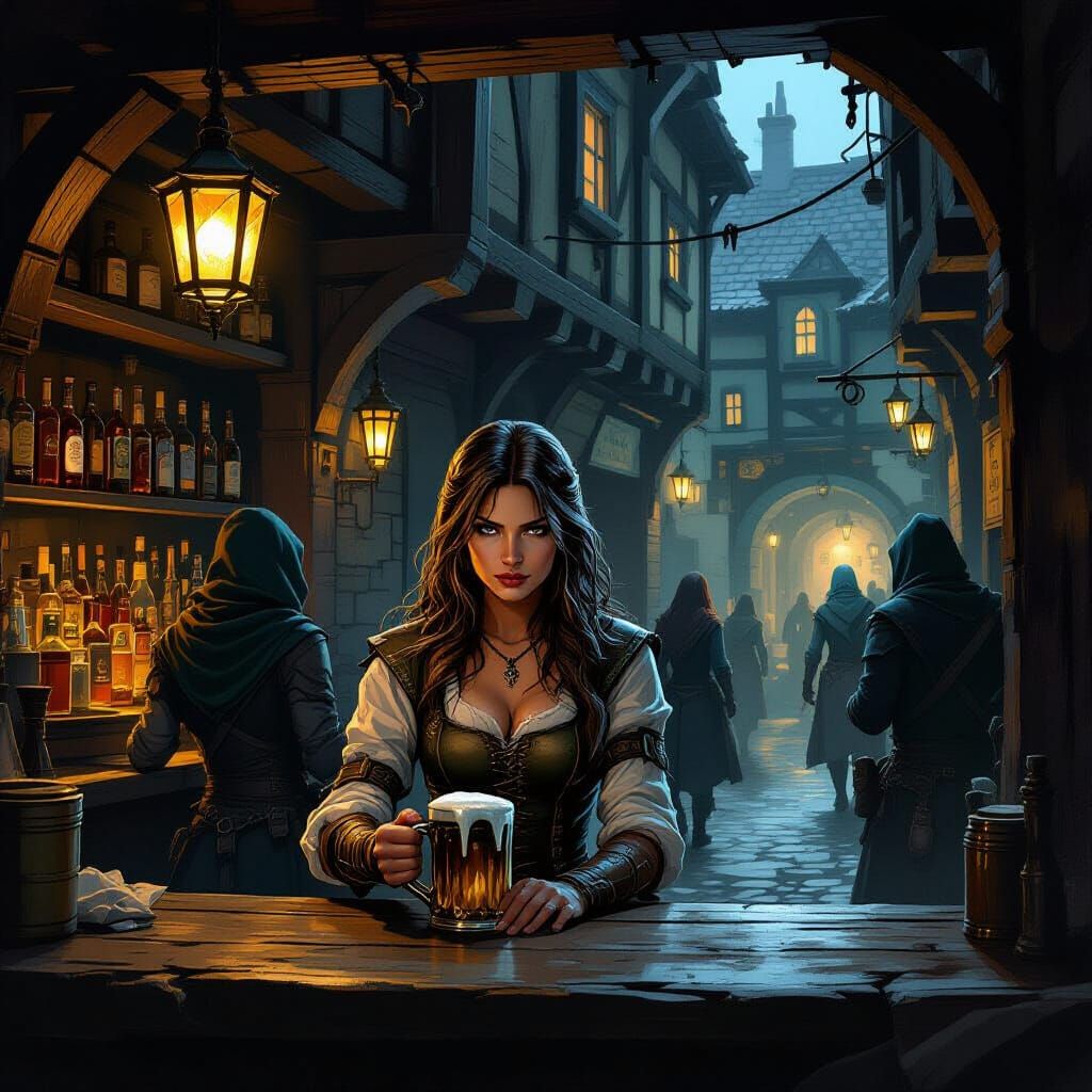 Gritty Tavern Scene: Bartender & Adventurers in Dark Fantasy...