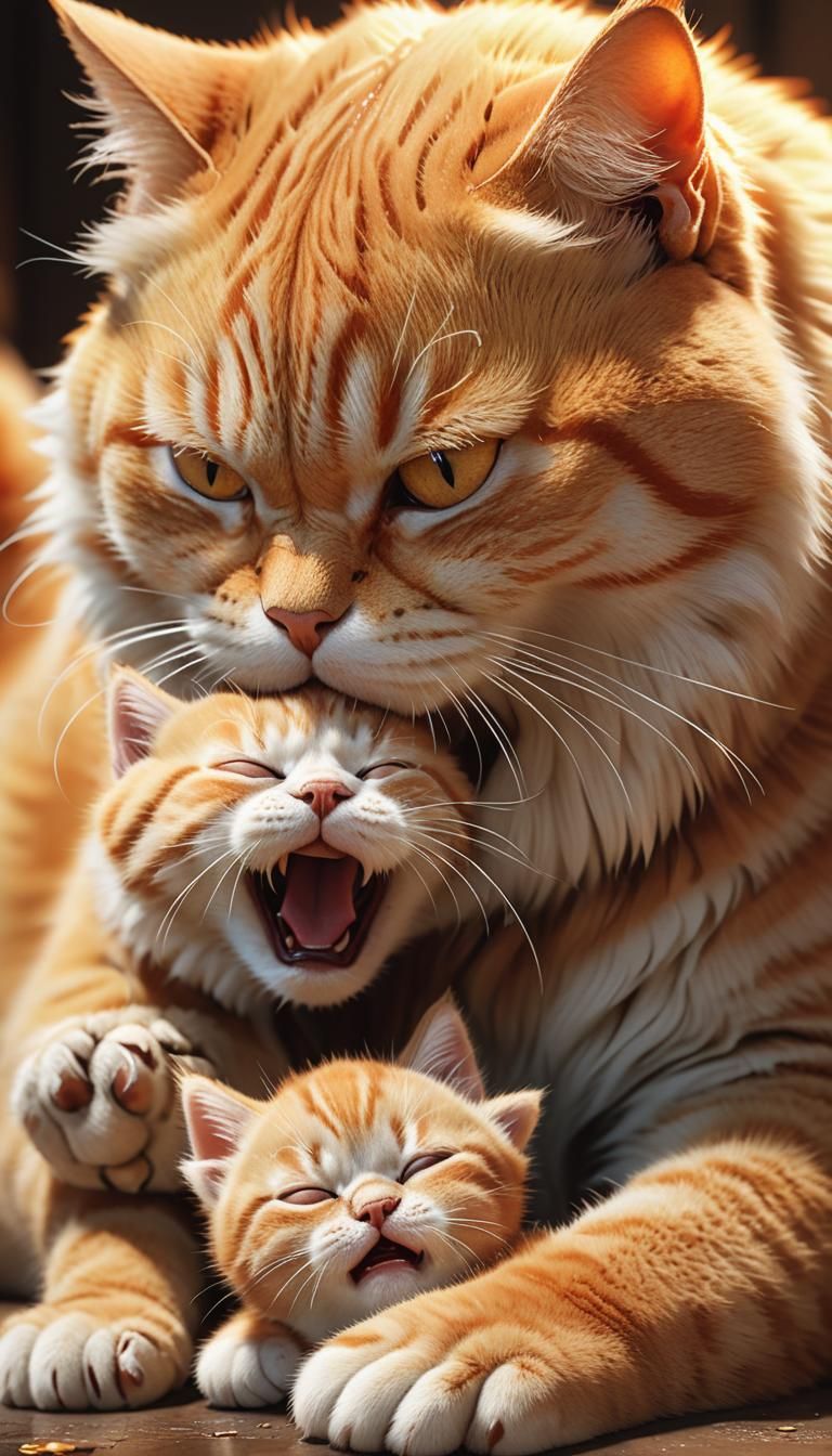 Angry Orange Cat and Crying Kitten in 3D