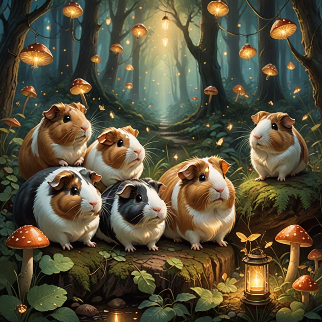 Whimsical Fantasy Scene of Guinea Pigs in an Enchanted Fores...