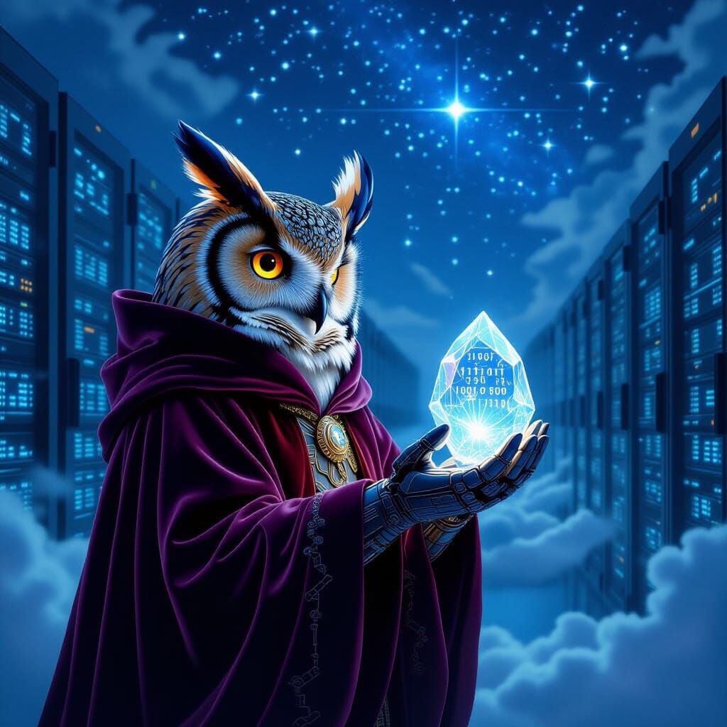 Cyborg Owl Pondering Data in Art Nouveau Style