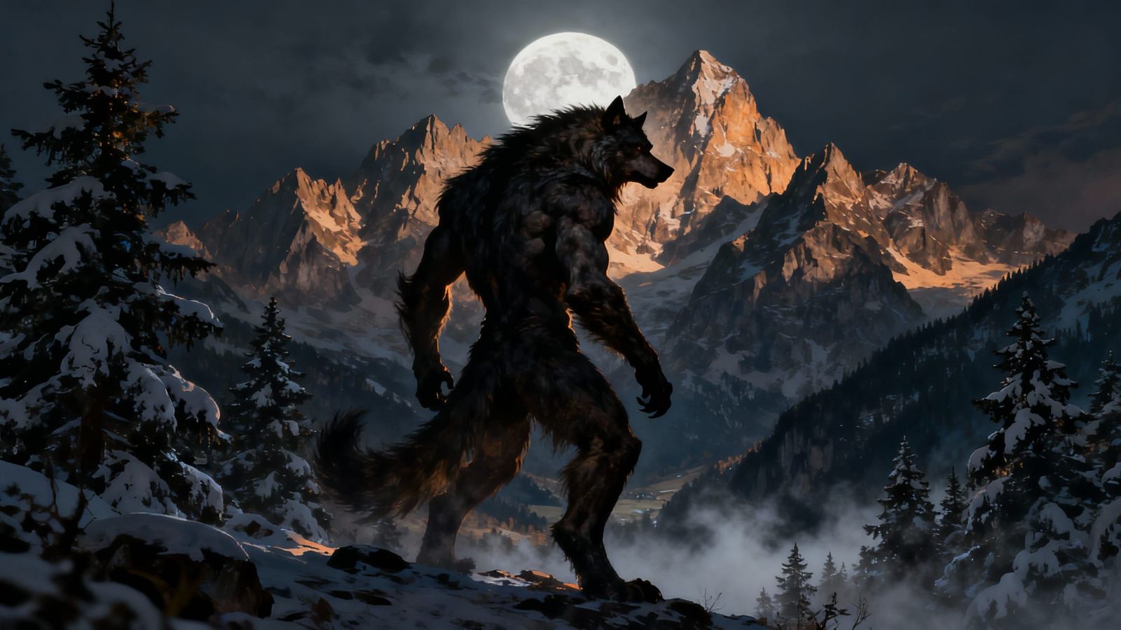 Werewolf Transformation Under Full Moon in Alps