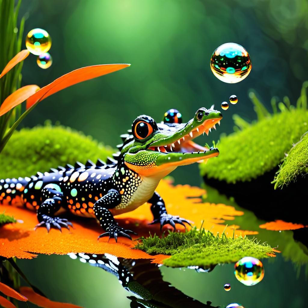 Adorable Baby Alligator Chasing Bubbles in Pixar Style