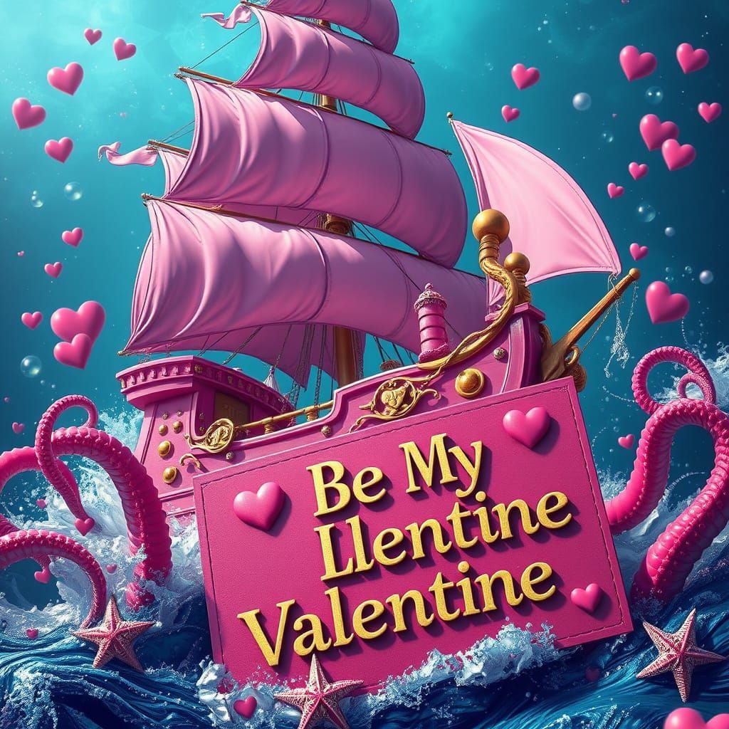 Majestic Pink Pirate Ship in Vibrant Valentine's Day Scene