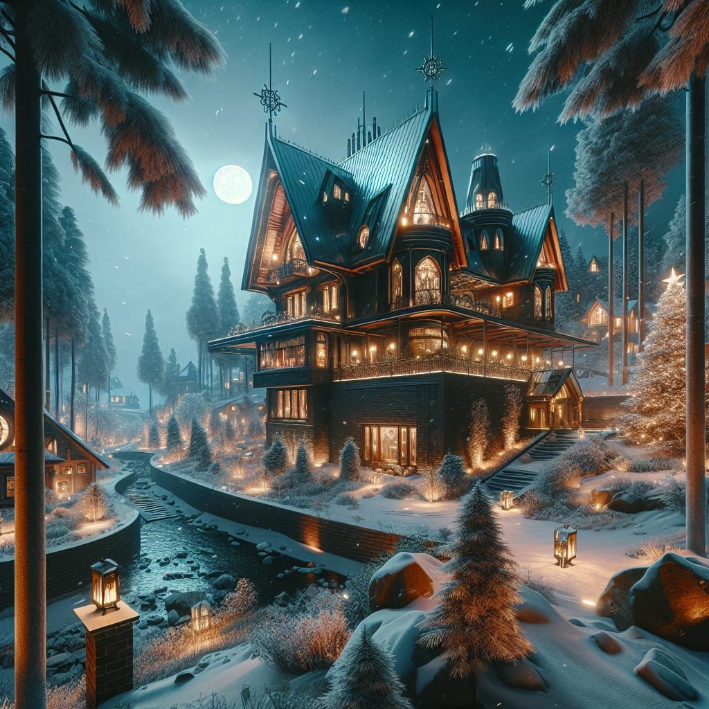Steampunk Mansion in Snowy Forest: Fantasy Concept Art