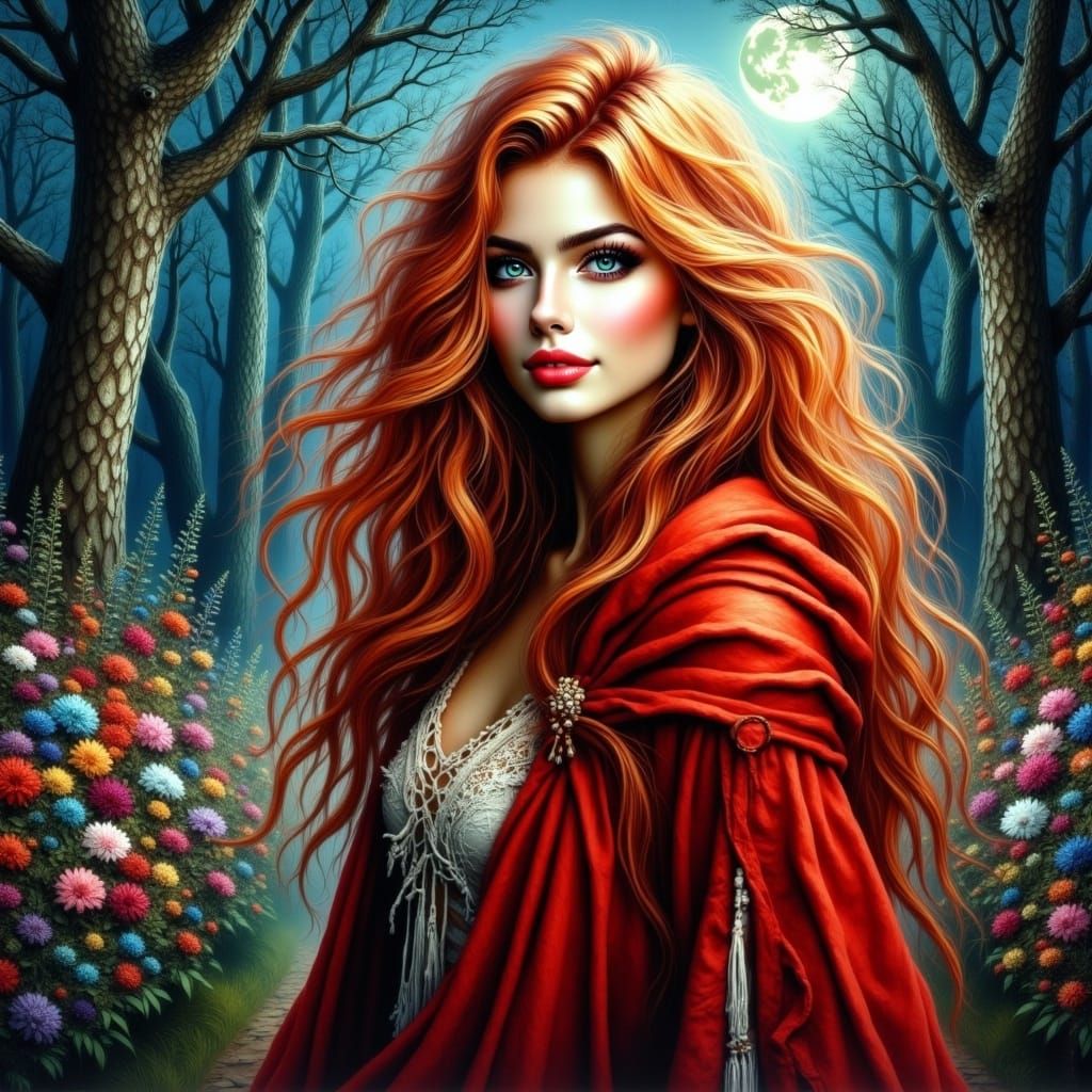 Red-Haired Woman in Forest, Hyperrealistic Digital Art