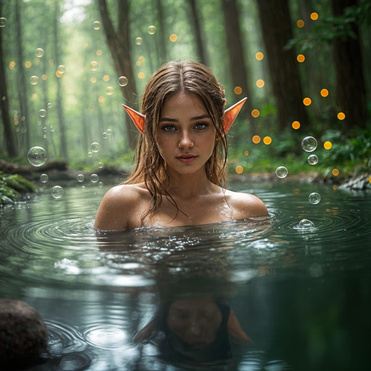Enchanting Elf Bathing in Forest Puddle