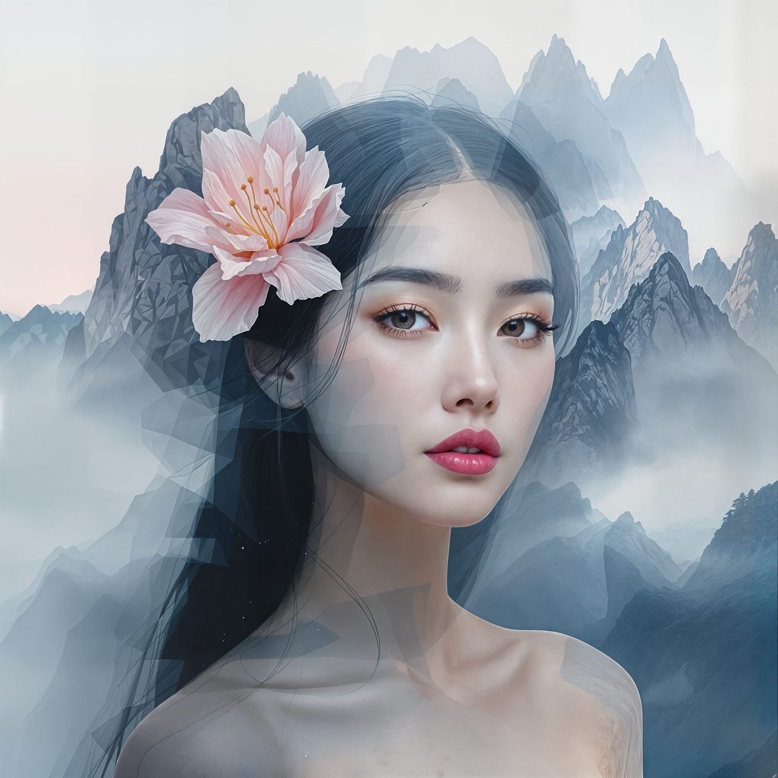Surreal Impressionist Portrait of a Woman in a Misty Mountai...