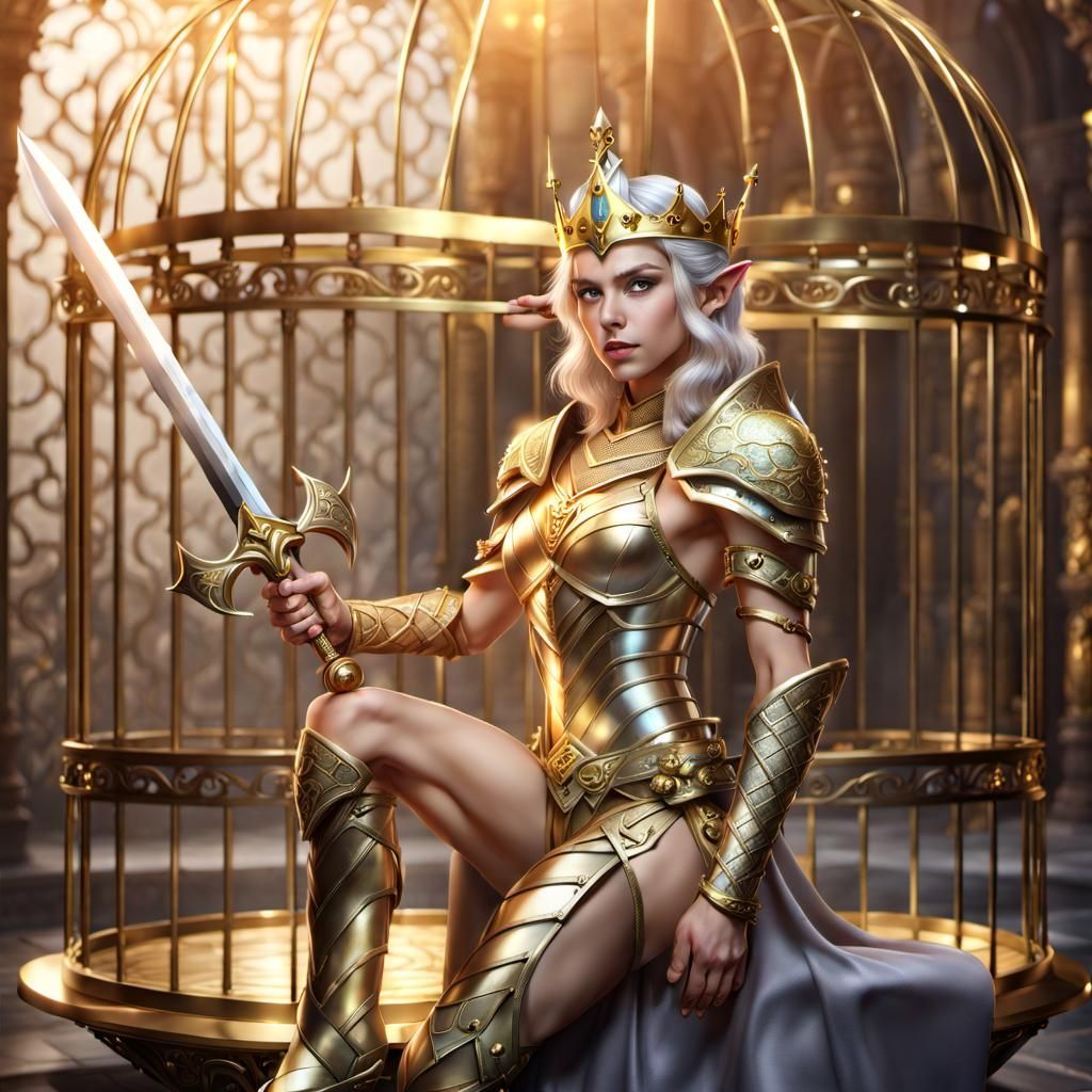 Caged Elf in Fantasy World with Golden Cage