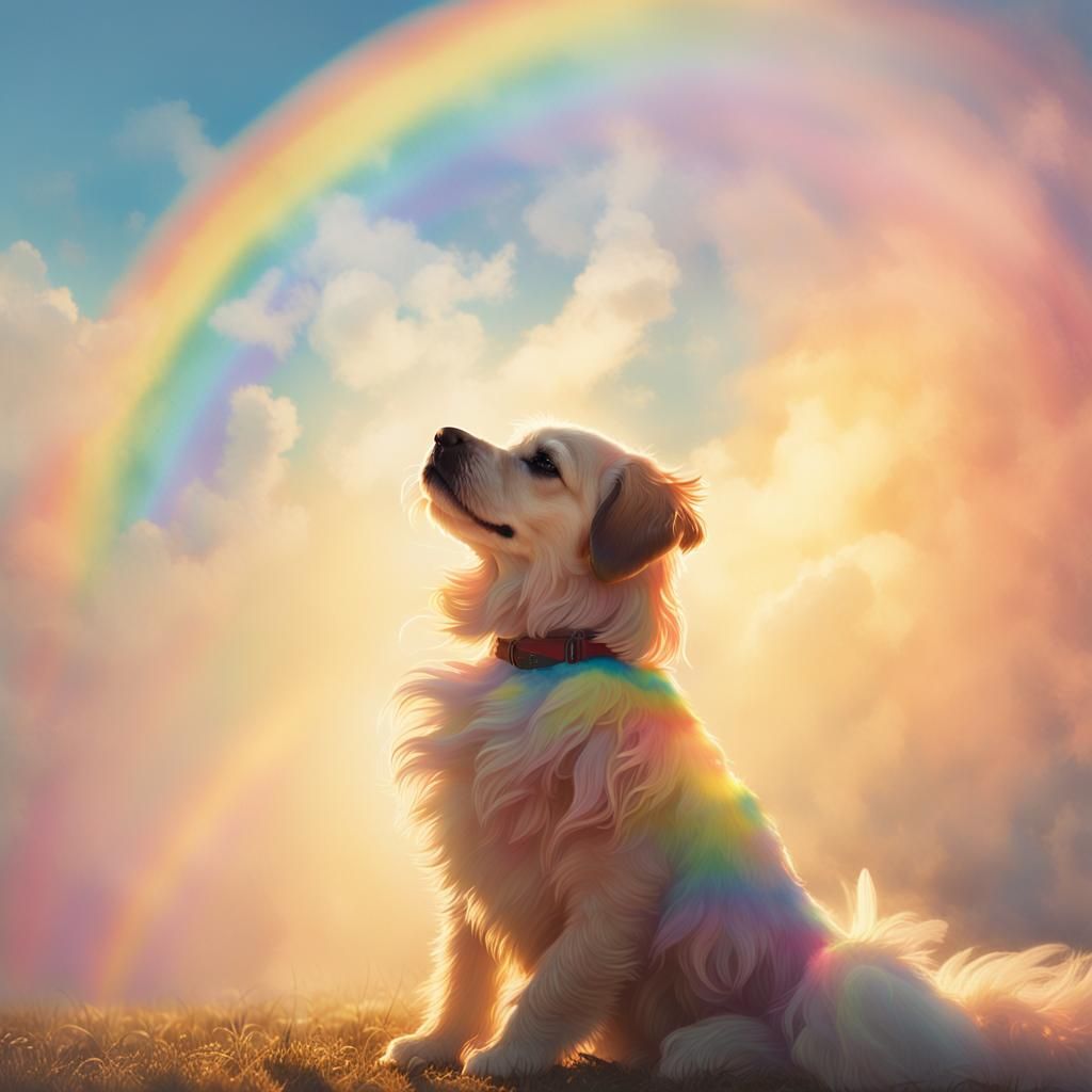 a bright rainbow with a dog sitting at the far end. The dog ...