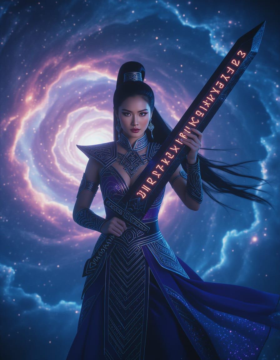 Hmong Warrior with Cosmic Scales and Rune Sword