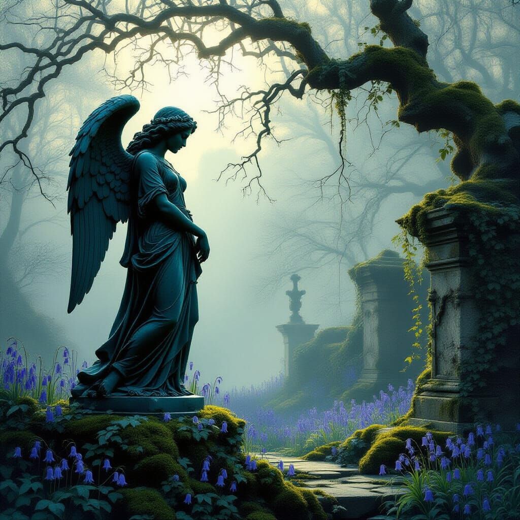 Melancholy Angel Statue in Mist-Shrouded Garden