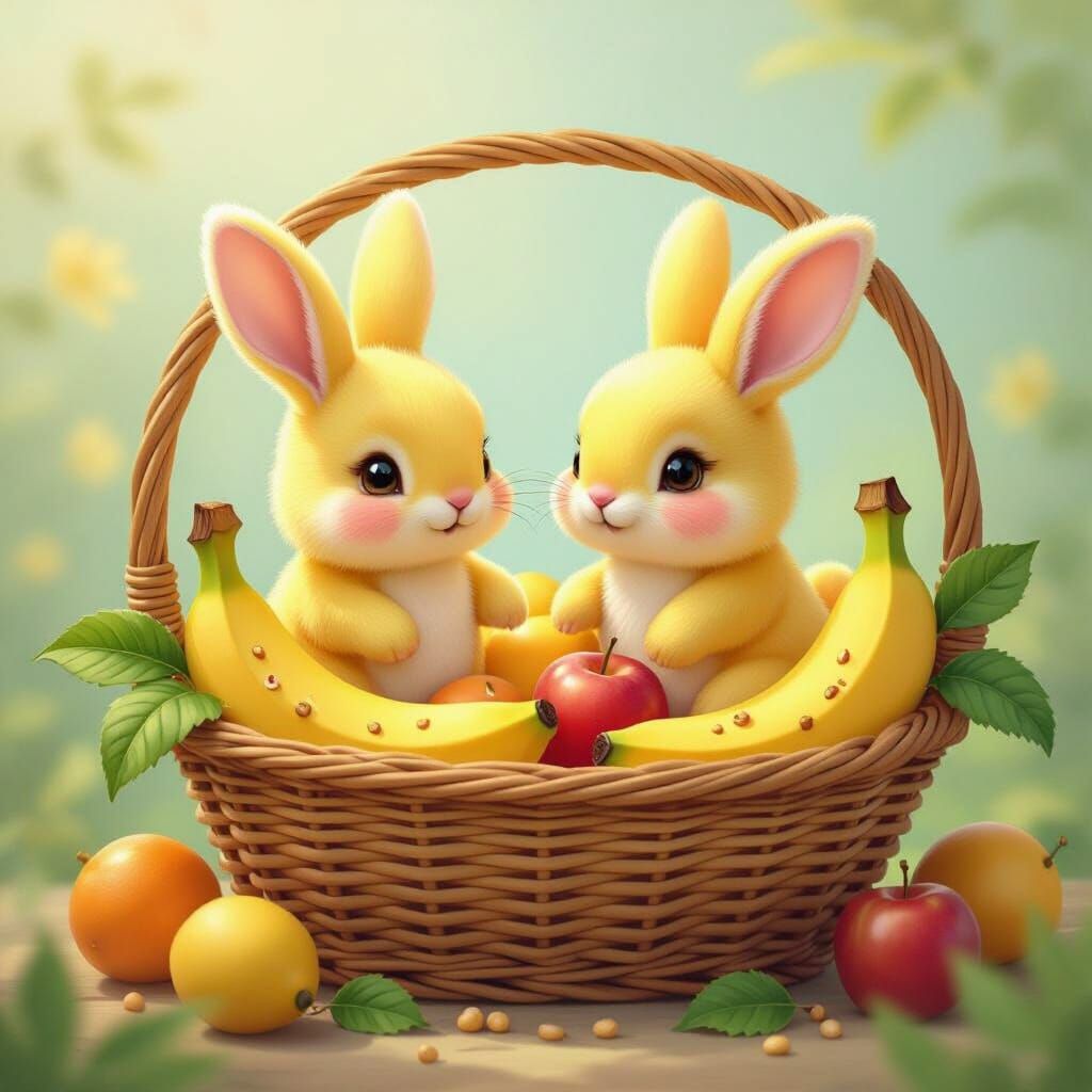 Whimsical Banana Bunnies in Wicker Basket