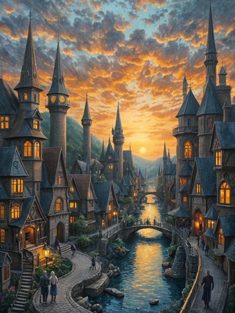 Whimsical Town at Sunset as Oil Painting