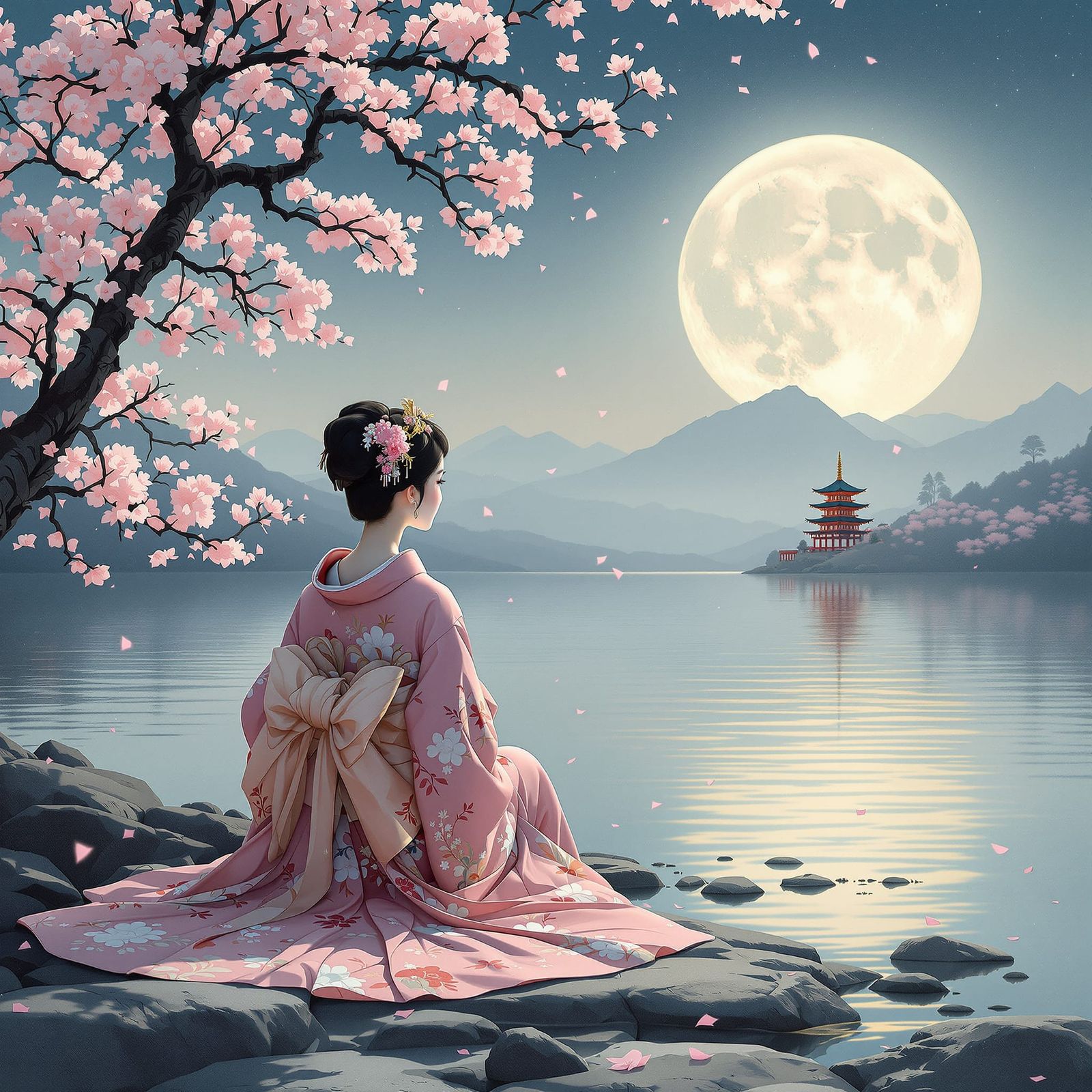 Geisha Contemplates Lake Under Full Moon in Ukiyo-e Style