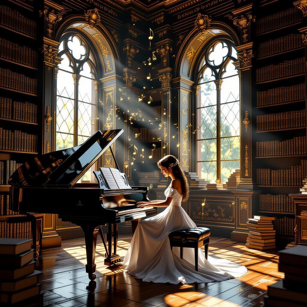 Library Piano Girl: Dark Fantasy Concept Art