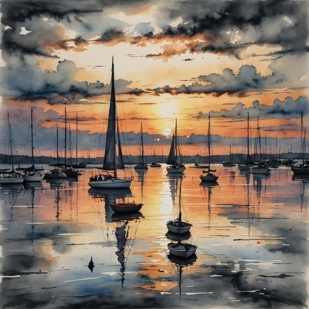 Sunset Sailing Boats in Watercolor Charcoal Drawing