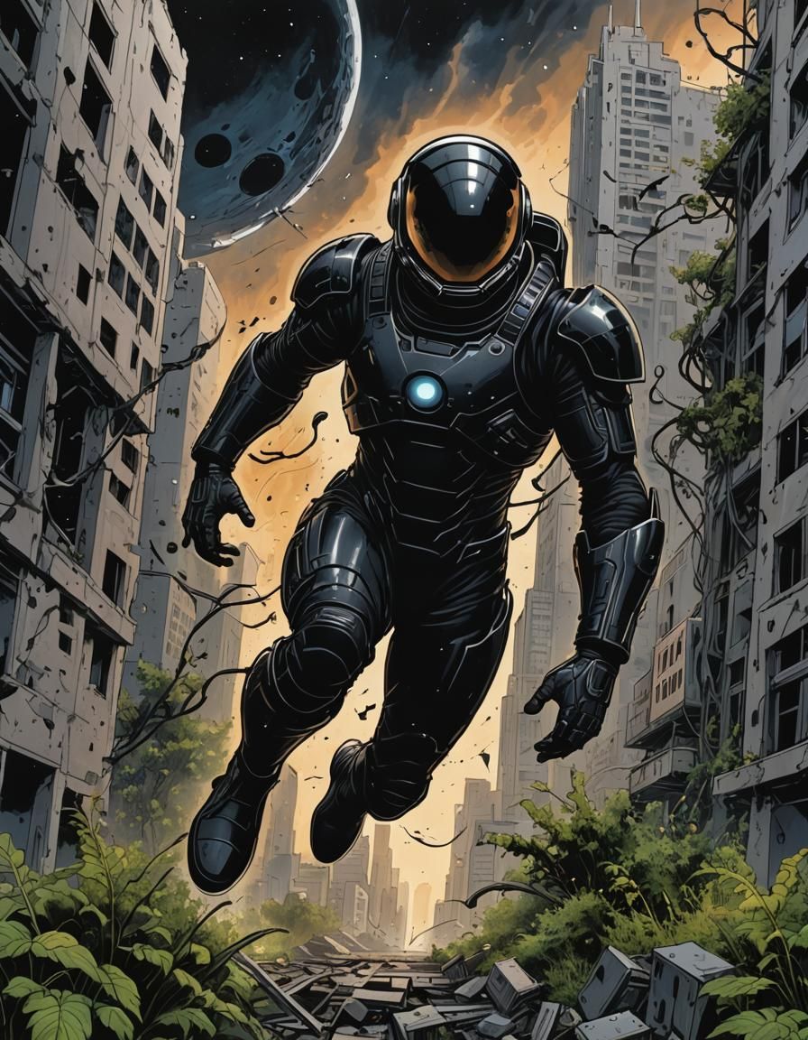 Black-Hole Spaceman Leaping through a overgrown abandoned ci...