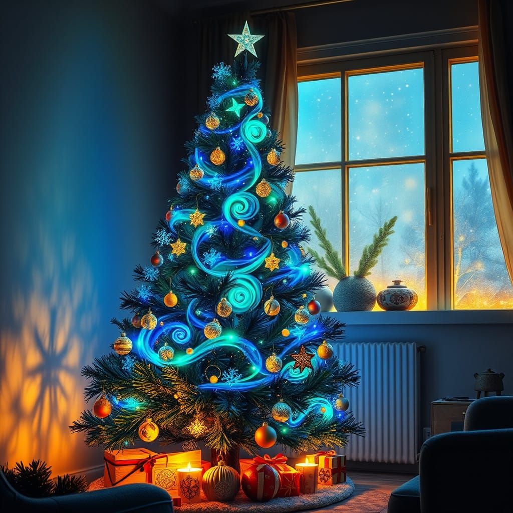 A Vibrant Neo-Expressionist Christmas Tree Illuminated in Bi...