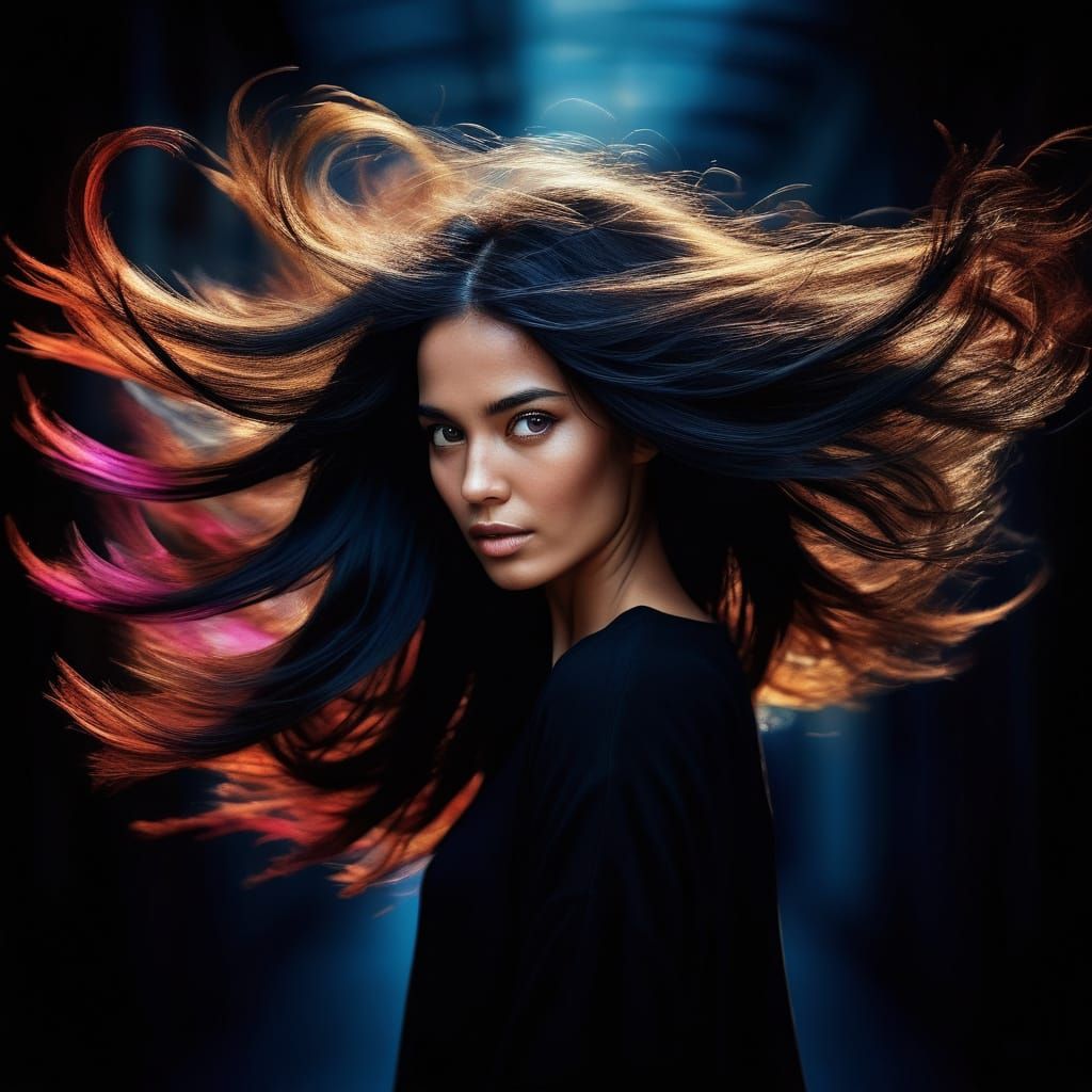 Girl Hidden in Glossy Black Hair, Sparkling Background