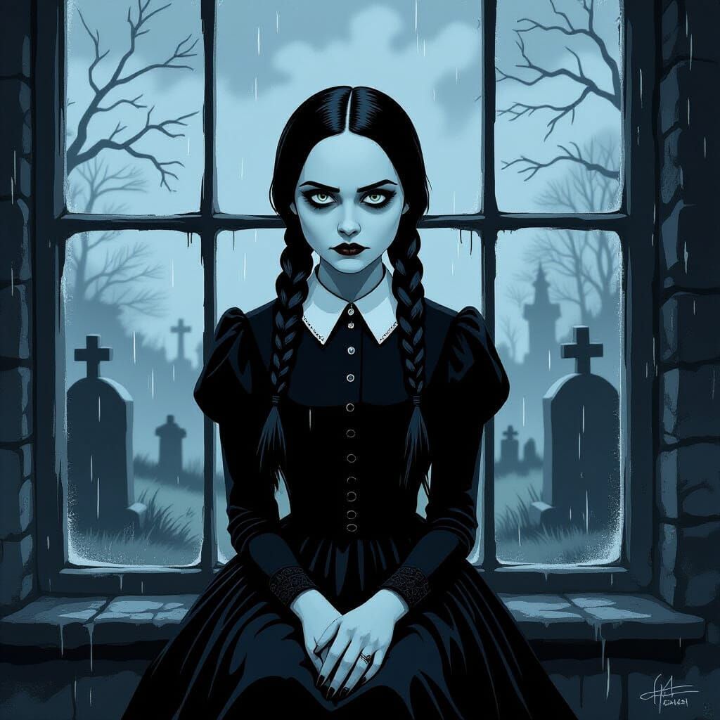 Wednesday Addams in Gloomy Graveyard Digital Art