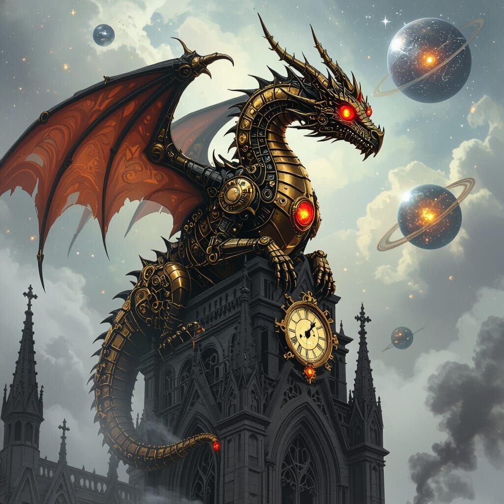 Clockwork Dragon Perched Atop Gothic Cathedral