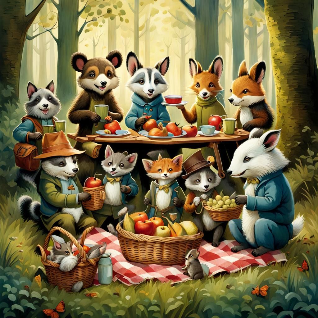Whimsical Animal Picnic in the Woods Illustration