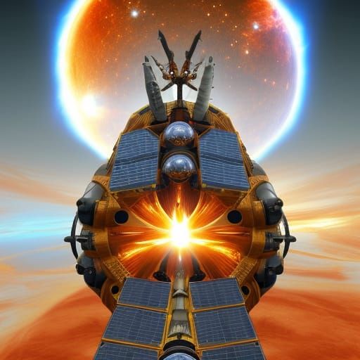 Steampunk Spaceship Sailing Near Fiery Sun