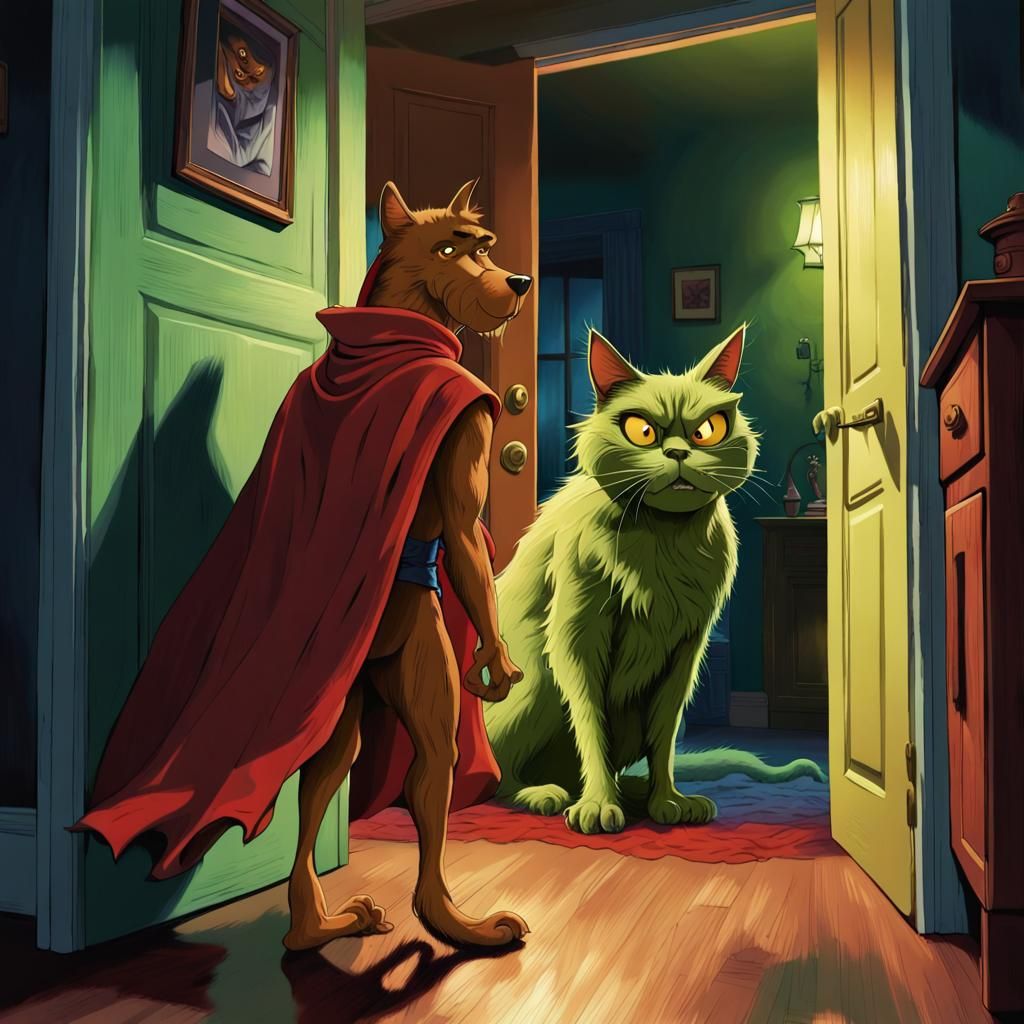 Scooby-Doo Confronted by Green Cat Creature: Horror Illustra...