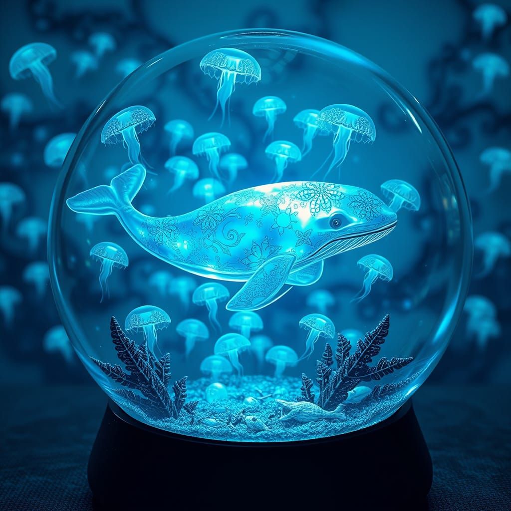 Glowing Whale in a Mystical Snowglobe