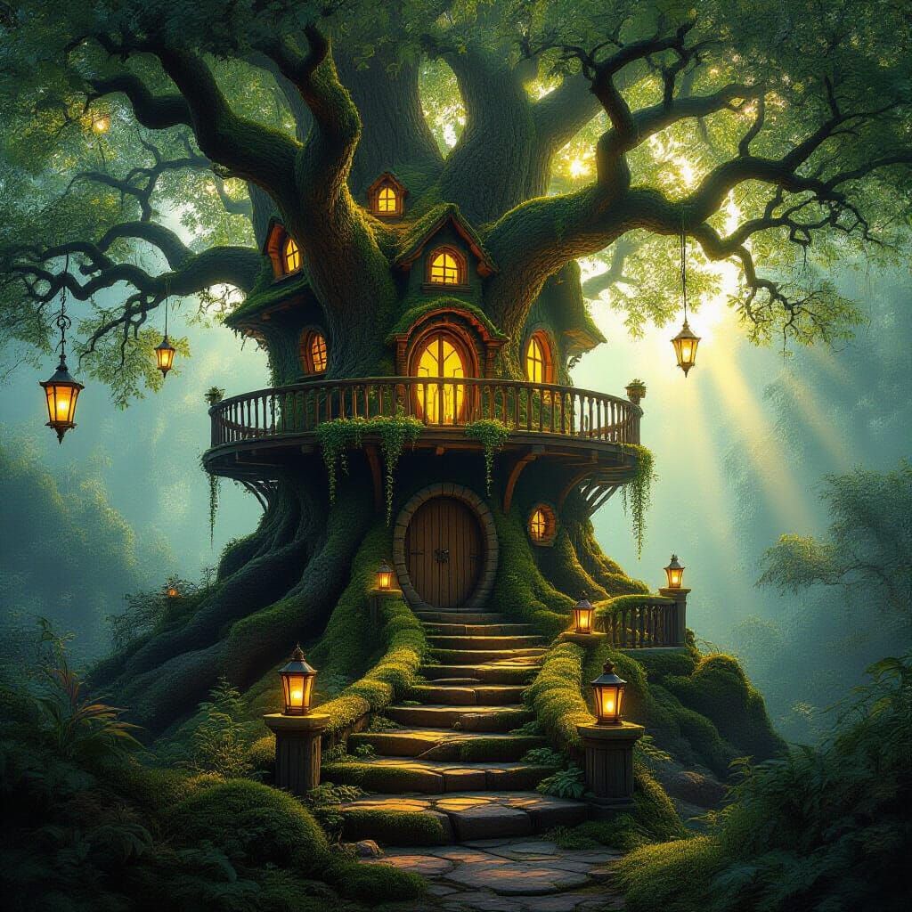 Bioluminescent Treehouse in Ancient Forest, Fantasy Style