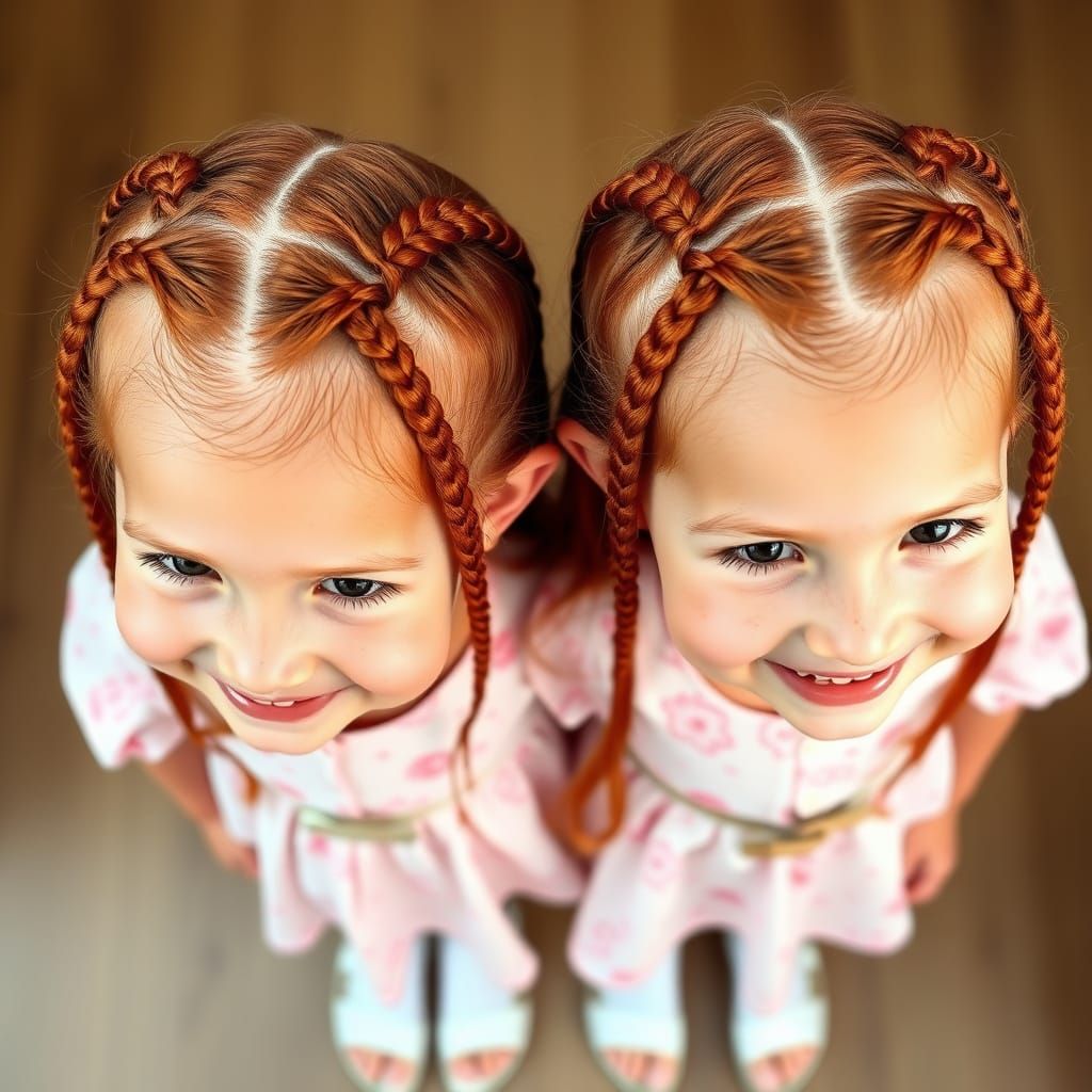 Joyful Red-Haired Twins with Braids in Floral Dresses